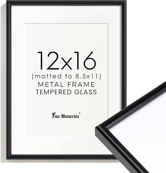 Fun Memories 12x16 Picture Frame Black, Aluminum Picture Frames 12"x16", 12x16 Picture Frame with Mat for 8.5x11, 12 by 16 Frame Real Glass, 12 x 16 Metal Frame for Home Decor