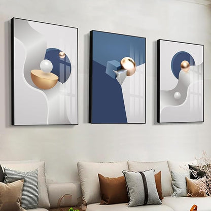 QKF Large Frame Canvas Wall Art Glossy Blue Geometry Modern Living Room, Bedroom, Office Fashion Wall Decoration 3-piece Set of Poster Prints 24 "X 32"