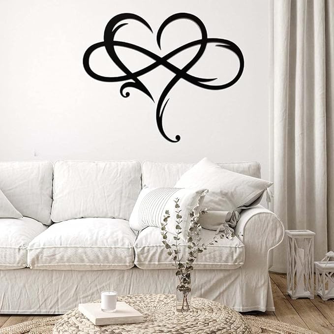 AOOLVY Infinity Heart Wall Decor, Unique Infinity Heart Metal Art Wall Decor Love Sign Steel Wall Plaques Bedroom Ornaments for Home Wedding Decor, Room Living Room Decoration (Black, 23.6x20.6inch)