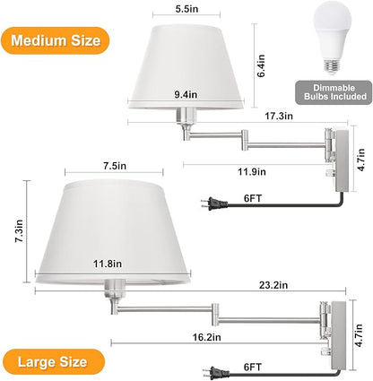 TRLIFE Dimmable Wall Sconce with Remote Control, Adjustable Color Temperature 2700K-6500K and Dimming 10-100% Swing Arm Wall Lights with Plug in Cord, 11.8" Large White Fabric Shade(2 Pack, 2 Bulbs)