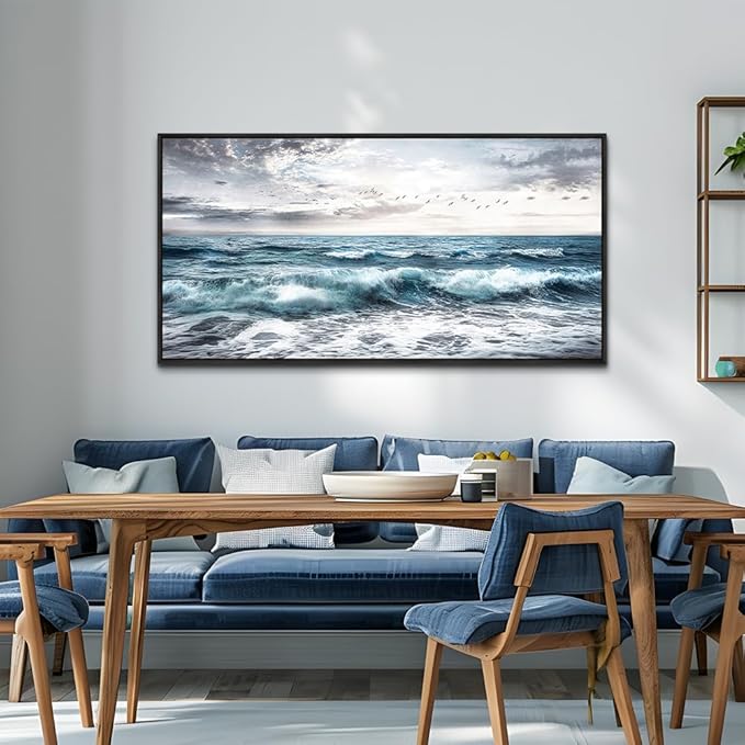 QIYILEXWART Black Framed Large Wall Decor For Living Room Canvas Wall Art For Office Wall Decoration For Bedroom Ocean Waves Painting Modern Picture Artwork Home Decor Ready To Hang