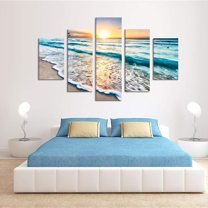 Beautiful Landscape Sunset Beach Ocean Seascape Modern Pictures Painting on Canvas 5 Panels Combination Set Enlarge for Wall Art Living Room Home Decor Framed Stretched (60''W x 40''H)