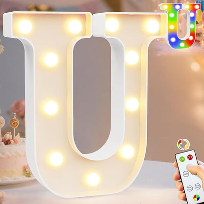 Pooqla LED Light Up Letters, Warm White and Colorful Lighted Marquee Letters with Remote, Lighted Letter for Party Birthday Decorations, Gift for Girls Boys Night Light, Wedding Home Decor, Letter U