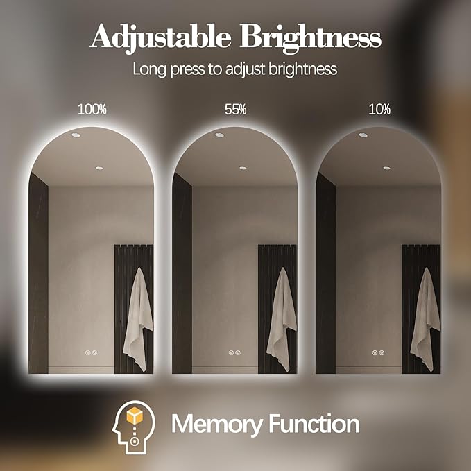 Arched LED Bathroom Mirror, 55"x28" Arch Framless Backlit Mirror with Lights Anti-Fog Dimmable Smart Frameless 3-Color Lighted Vanity Mirror Memory Waterproof, UL Listed, Vertical