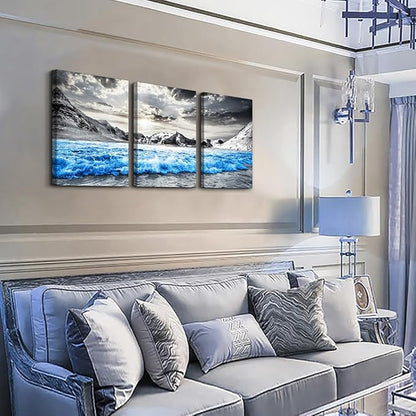 TTHYUEWS Canvas Wall Art For Living Room Modern Home Wall Decoration For Bedroom Office Wall Decor Black And White Beach Wall Paintings Blue Sea Wave Pictures Stretched and Framed Artwork 3 Piece