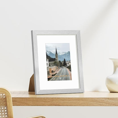 Vittanly 8x10 Picture Frames Set of 9, Shatter Resistant Plexiglass, Display 5x7 Pictures with Mat or 8x10 without Mat, Photo Frames for Wall or Tabletop, Engineered Wood, Silver