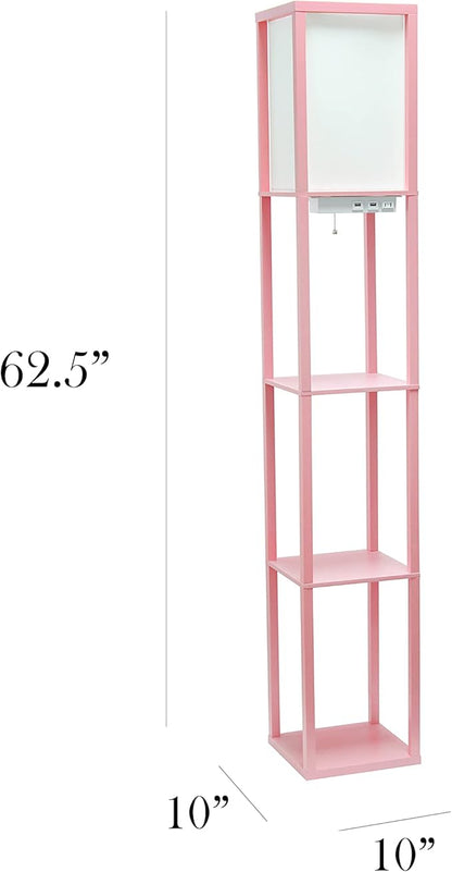 Simple Designs LF1037-LPK-LB Three Shelf Etagere Organizer Storage Floor Lamp with 2 Dual USB Ports and Charging Outlet, Light Pink, with Feit LED Bulb Included
