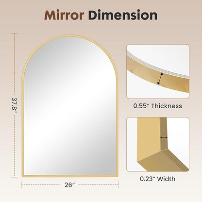 Dewfig Arched Wall-Mounted Mirror, 26"x38" Arch Bathroom Mirror, Gold Vanity Mirror for Wall Décor, Wall Mirror with Metal Frame for Bedroom, Entryway, Living Room, Brushed Gold