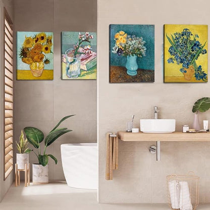 dgbtcart Sunflowers Irises Flower Vase by Vincent Van Gogh Canvas Wall Art, Classic Paintings Reproduction Prints Floral Artwork Posters for Home Decor 11"x14"x4 Pieces