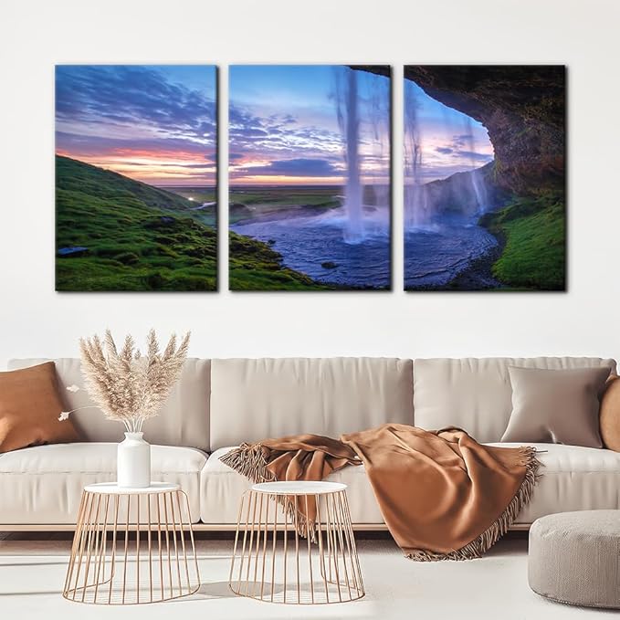 Pacimo Waterfall at Sunset Canvas Wall Art Print Iceland Landscape Painting Framed Wall Art Decor for Living Room Home Decoration 3 Pieces Gallery Wrapped Posters and Prints Ideal Gifts - 20"x28"x3