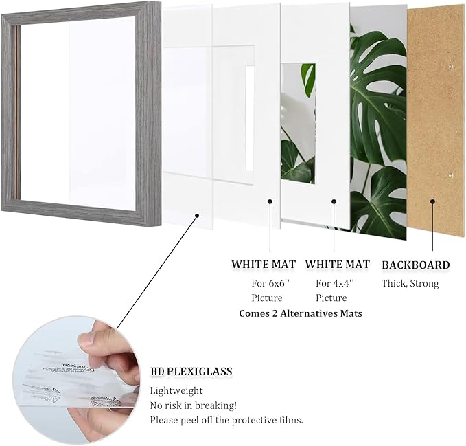 Egofine 8x8 Picture Frames Made of Solid Wood with Plexiglass, Display Pictures 4x4/6x6 with Mat or 8x8 Without Mat Set of 4 for Tabletop and Wall Mounting, Light Grey
