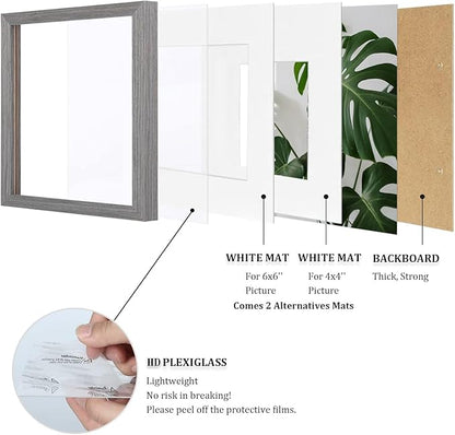 Egofine 8x8 Picture Frames Made of Solid Wood with Plexiglass, Display Pictures 4x4/6x6 with Mat or 8x8 Without Mat Set of 4 for Tabletop and Wall Mounting, Light Grey
