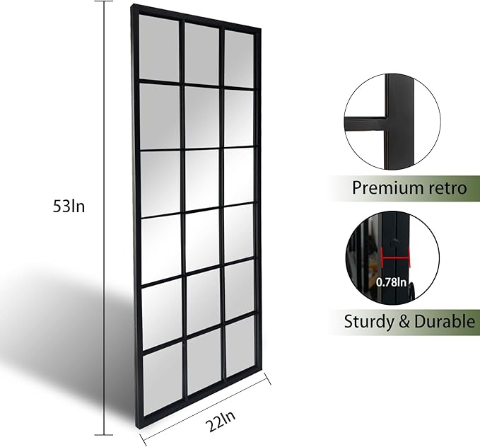 OUSHUAI Balck Full Length Mirror,Window Pane Grid Minimalism Long Floor Wall Mounted Mirrors for Entryway,Hallway,Living Room,Fireplace 22"X53"