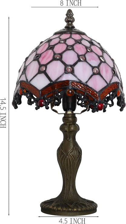 Tiffany Style Lamp Stained Glass Table Lamp 8 x 14.5” Mini Accent Light Pink Beads Design Small Decorative Bedside Reading Memory Lamp