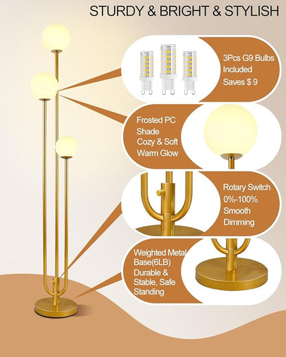Lightdot 63IN Gold Floor Lamp Dimmable 3-Lights Globe LED Floor Lamps with 3000K Soft Warm White for Wedding/Party Tall Lamp with 5Lbs Heavy Base for Living Room/Bedroom/Sofa Beside/Corner Decor
