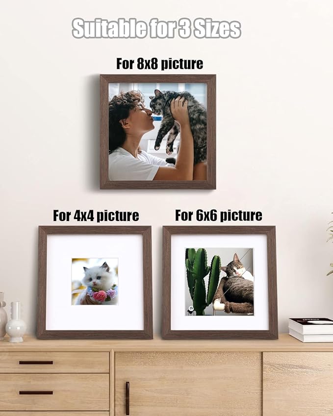 Egofine 8x8 Picture Frames Made of Solid Wood with Plexiglass, Display Pictures 4x4/6x6 with Mat or 8x8 Without Mat Set of 4 for Tabletop and Wall Mounting, Brown