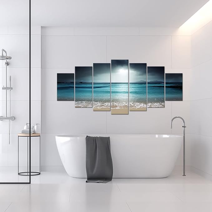 iKNOW FOTO 7 Multi Panel Xlarge Modern Canvas Prints Wall Art Blue Ocean Seascape Pictures Beach Landscape Printed On Canvas Ready to Hang for Living Room Home Office Decor 70x32 inch