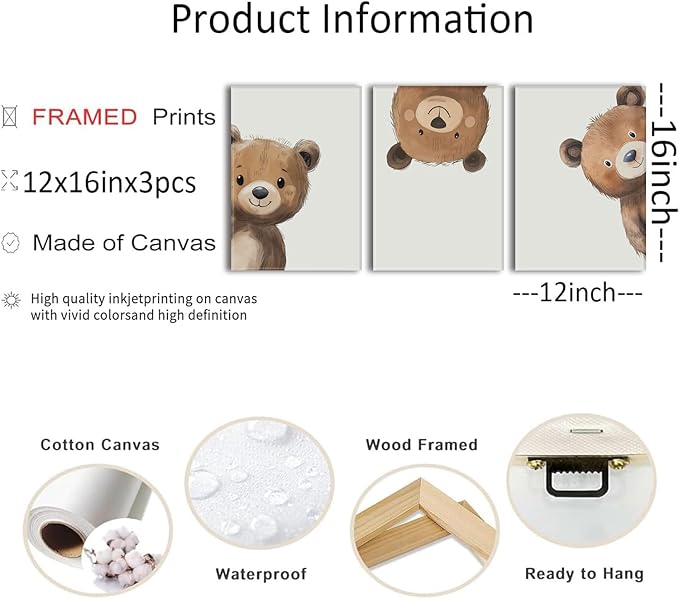 AOYUSMO 3 Piece Baby Bear Canvas Wall Art Nursery Funny Animal Wall Art Cute Bear Pictures Wall Decor Kids Baby Boy Animal Art Prints for Children's Room Bedroom 12"X16" Framed