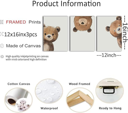 AOYUSMO 3 Piece Baby Bear Canvas Wall Art Nursery Funny Animal Wall Art Cute Bear Pictures Wall Decor Kids Baby Boy Animal Art Prints for Children's Room Bedroom 12"X16" Framed