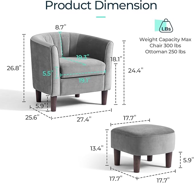 LINSY Accent Chair with Ottoman, Modern Barrel Chair Comfy Armchair Reading Chair with Footrest, Round Arms Chair for Living Room Bedroom Reading Room, Velvet, Light Grey