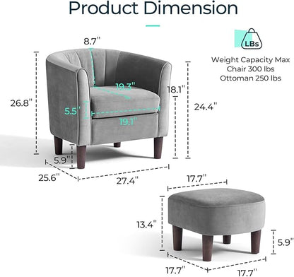 LINSY Accent Chair with Ottoman, Modern Barrel Chair Comfy Armchair Reading Chair with Footrest, Round Arms Chair for Living Room Bedroom Reading Room, Velvet, Light Grey