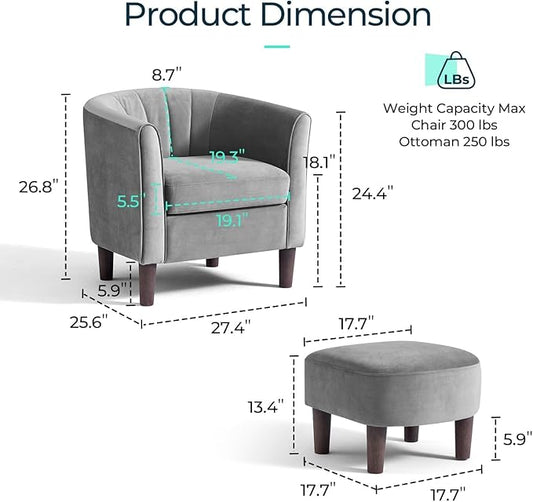 LINSY Accent Chair with Ottoman, Modern Barrel Chair Comfy Armchair Reading Chair with Footrest, Round Arms Chair for Living Room Bedroom Reading Room, Velvet, Light Grey