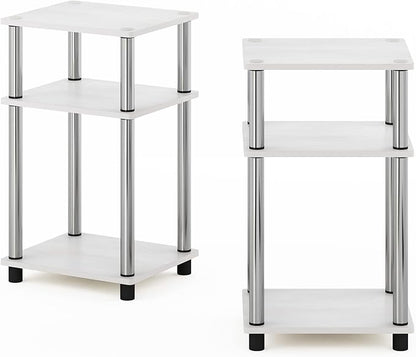 Furinno JUST Side Table Set of 2, 3-Tier Modern End Tables, Open Shelves Night Stand, Nightstand Set, Toolless Assembly, for Living Room, Bedroom, White Oak/Stainless Steel