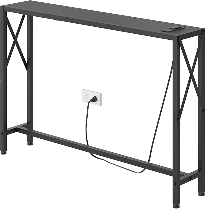 Gewudraw 41.7" Console Table with Outlet, Narrow Behind Couch Sofa Table, Industrial Skinny Design for Hallway, Entryway, Living Room, Black