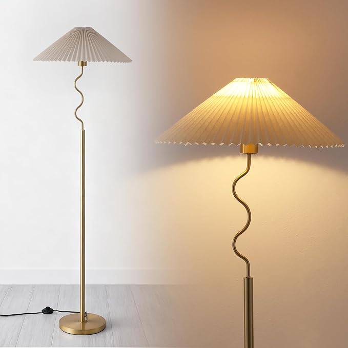 Modern Floor Lamp with 3 Color Temperatures, Foot Switch Standing Lamps for Living Room,Tall LED Standing Lamps for Living Room, Bedroom, Office, Beige Pleated Shade, 9W Bulb Included, Gold