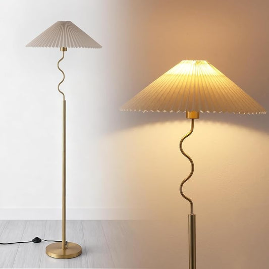 Modern Floor Lamp with 3 Color Temperatures, Foot Switch Standing Lamps for Living Room,Tall LED Standing Lamps for Living Room, Bedroom, Office, Beige Pleated Shade, 9W Bulb Included, Gold