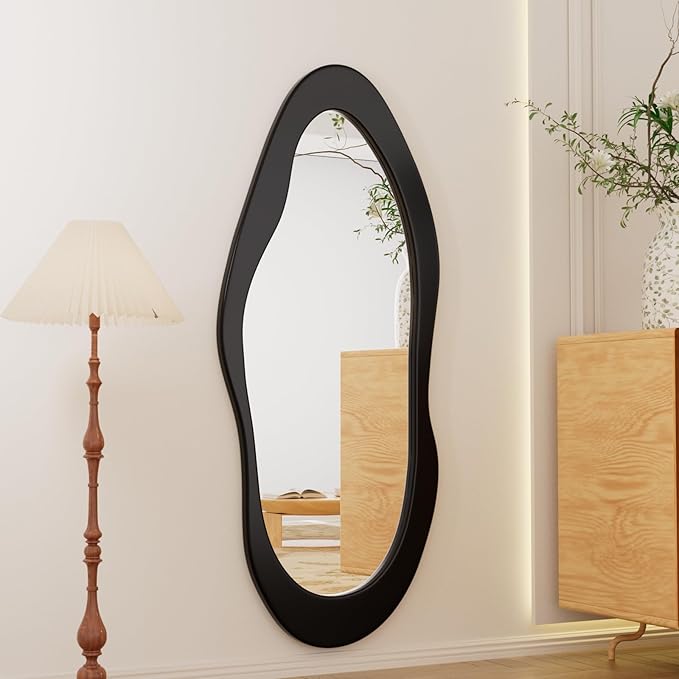 55"x 24" Irregular Wavy Full Length Mirror Black Wooden Framed Full Body Mirror Irregular Wall Mirrors Hanging for Bedroom Living Room Cloakroom
