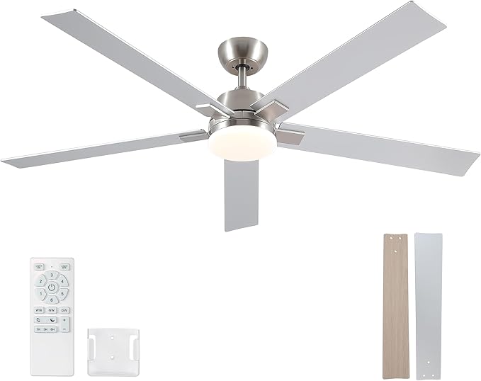 Rayqueen 60 Inch Ceiling Fans with Lights and Remote, 6 Speed Reversible DC Motor, 3CCT Dimmable LED, Modern Brushed Nickel Ceiling Fan for Bedroom, Living room & Covered Outdoor,Includes Downrod