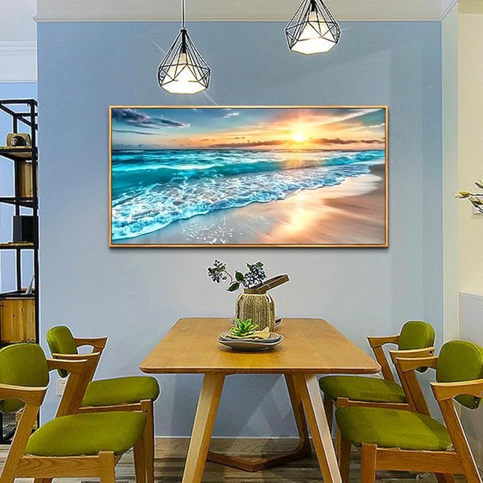 hyidecorart Large Wall Art For Living Room Wall Decor For Bedroom Office Wall Decor Wood Framed Canvas Wall Painting Blue Sea Wave Pictures Modern Beach Seascape Posters Home Decorations Artwork