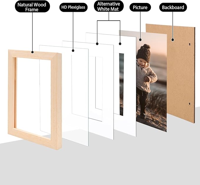 KINLINK 5x7 Picture Frame White Oak, Solid Light Wood Frames with Acrylic Plexiglass for 3.5x5/4x6 with Mat or 5x7 without Mat, Tabletop and Wall Display Photo Frame, Set of 4