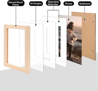 KINLINK 5x7 Picture Frame White Oak, Solid Light Wood Frames with Acrylic Plexiglass for 3.5x5/4x6 with Mat or 5x7 without Mat, Tabletop and Wall Display Photo Frame, Set of 4