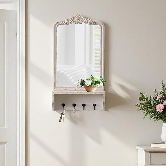 Vintage Mirror with Shelf and 4 Hooks 30 X 16 Inch, Hanging Distressed White Wood Framed Rustic Wall Mirror Decorative with Storage for Entryway Bathroom Living Room Bedroom