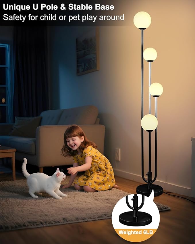 63IN 4-Light Dimmable Floor Lamp, Unique Black Tall Standing Lamps with Globe Shade &3000K Bulbs for Reading, Mid Century Modern Floor Lamp with 5Lbs Heavy Base for Living Room Bedroom Office