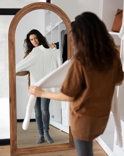 Full Length Mirror, 81"x41" Wooden Mirror Full Length with Stand Wood Floor Mirror, Oversized Stand Up Mirrors Large Wall Mirrors, Wall Mounted Mirrors, Arched Wood Style, Brown