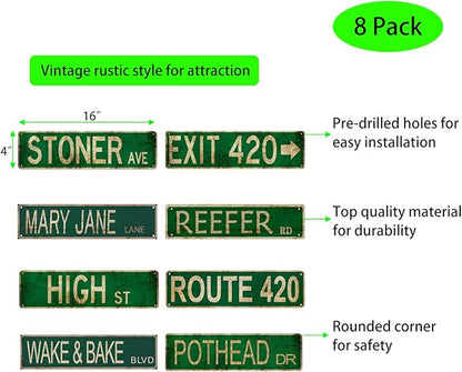 8 PCS Stoner Avenue Mary Jane Lane Exit 420 Street Sign Weed Accessories Marijuana Gifts for Men - Vintage Trippy Rustic Room Man Cave Decor