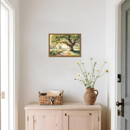 Framed Vintage Tree Landscape Wall Art, Watercolor Country Road Nature Wall Decor Paintings, Rustic Countryside Pictures Canvas Prints Aesthetic Home Decor for Living Room Bedroom Bathroom 8x10 inch