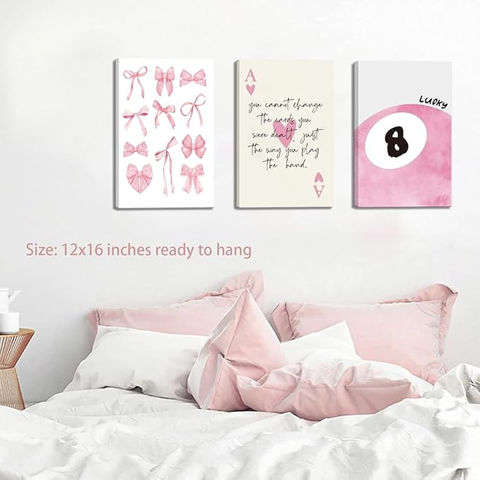 Trendy Pink Bows Canvas Wall Art Set of 3, Vintage Preppy Lucky 8 Ball Wall Decor, Pink Girly Room Aesthetic Posters Prints Painting for College Apartment Living Room Bedroom Framed 12x16 In