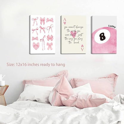 Trendy Pink Bows Canvas Wall Art Set of 3, Vintage Preppy Lucky 8 Ball Wall Decor, Pink Girly Room Aesthetic Posters Prints Painting for College Apartment Living Room Bedroom Framed 12x16 In