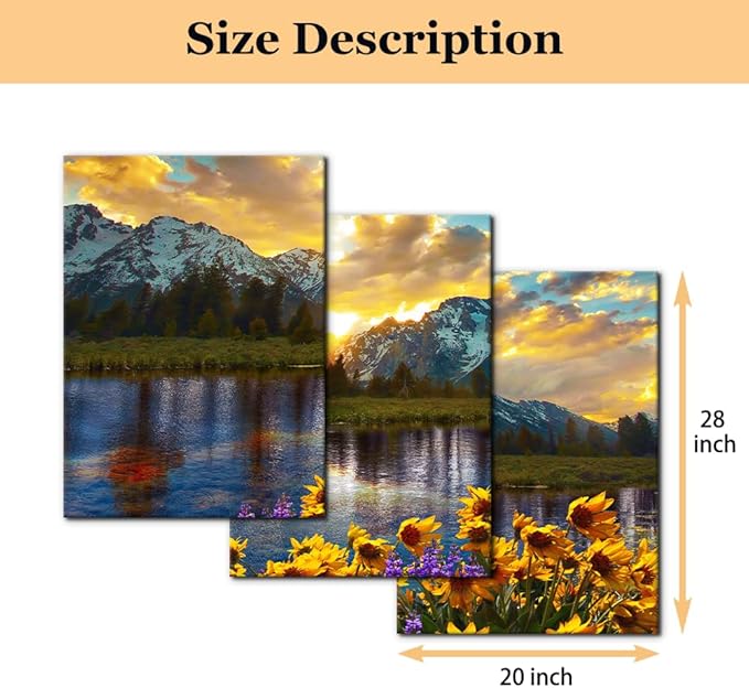 3 Pieces Mountain Canvas Wall Art for Living Room Nature Landscape Picture Sunflower Wall Decor for Bedroom Home Decoration Sunrise Grand Teton National Park Painting Framed Artwork - 20"x28"x3 Panels