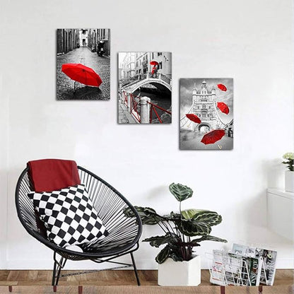 AHUAART Wall Art for Living Room Bathroom Decorations Bedroom Wall decor 3 Piece Framed Artwork modern Canvas Print Office Home Decoration Black and white landscape building red umbrella wall painting