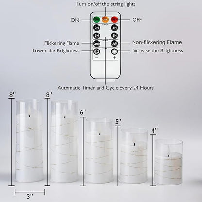 Homemory Pure White Flameless Candles with Embedded Star String Fairy Lights, Battery Operated Candle, LED Candles, Fake Candles with Remote Control and Timer, Set of 5(H4"5"6"8"8")