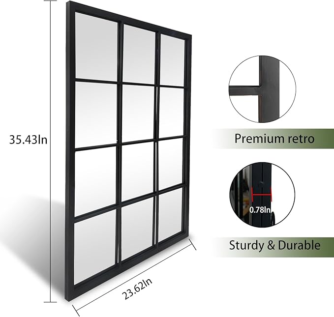 OUSHUAI Balck Rectangle Mirror,Window Pane Grid Mirror,Minimalism Wall Mounted Mirror for Entryway,Hallway,Living Room,Fireplace 24"X36"