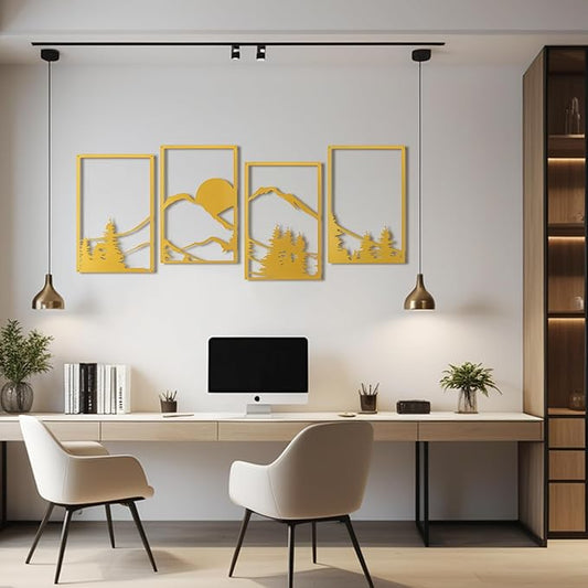 Art3d Black Metal Wall art, 4 Pieces Wall Decor for Living Room Bedroom Hallway Hotel, Natural Mountain Wall Art Style, Line Art Wall Décor