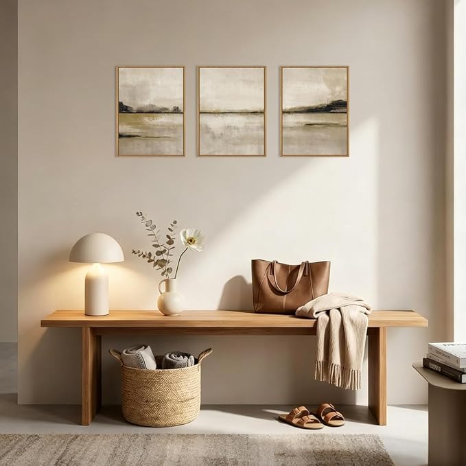 KAIRNE Neutral Abstrcat Landscape Framed Canvas Wall Art Set, Retro Mountain Lake Wall Decor, Vintage Tan Scenery Art Prints, Modern Nature Artwork for Living Room,Bedroom,Farmhouse,Office-12 x16 x3