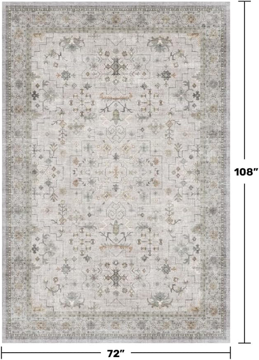 Hazo Haus Boho Light Grey Living Room Rug 6x9 - Modern Vintage Eclectic Floral Paste Neutral Taupe, Washable Low Pile Non-Slip Large Area Rugs for Dining Under Table Bedroom