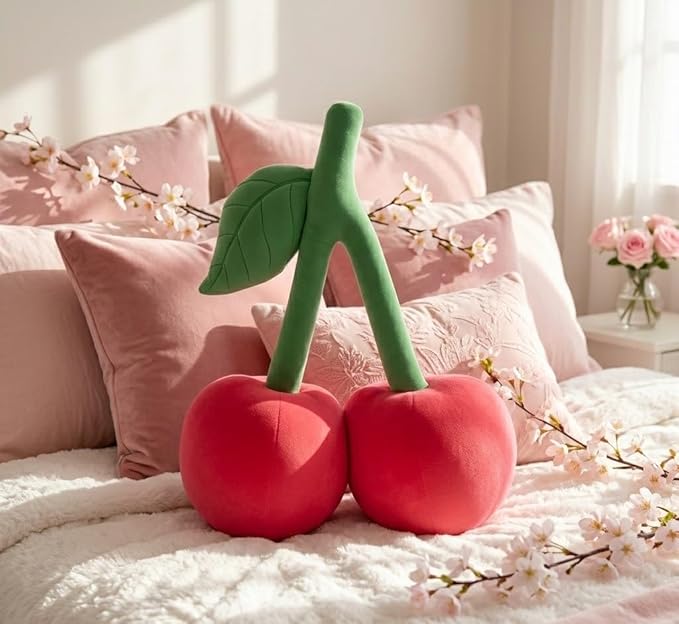 Cherry Pillow for Preppy Room Decor –17x14 In 3D Decorative Cherry Throw Pillow in Luxe Velvet –Shape Hold Fill Fruit Cushion with Sculpted Stem & Embroidered Leaf for Sofa & Aesthetic Home Decor Pink